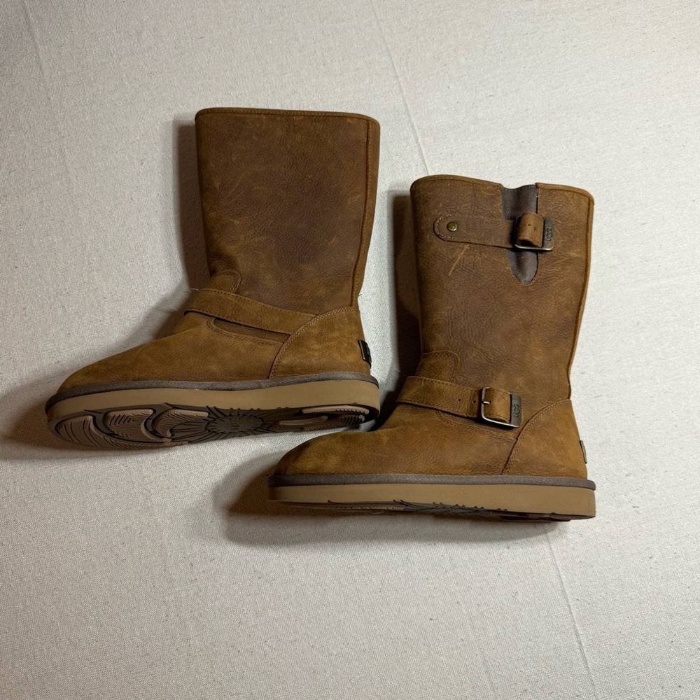 UGG Women's Brown Leather Shearling Buckle Mid-Calf Boots US 6
